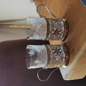 CUT CRYSTAL GLASSES Silver Plated Filigree Holder 4 3/8x4" Pristine